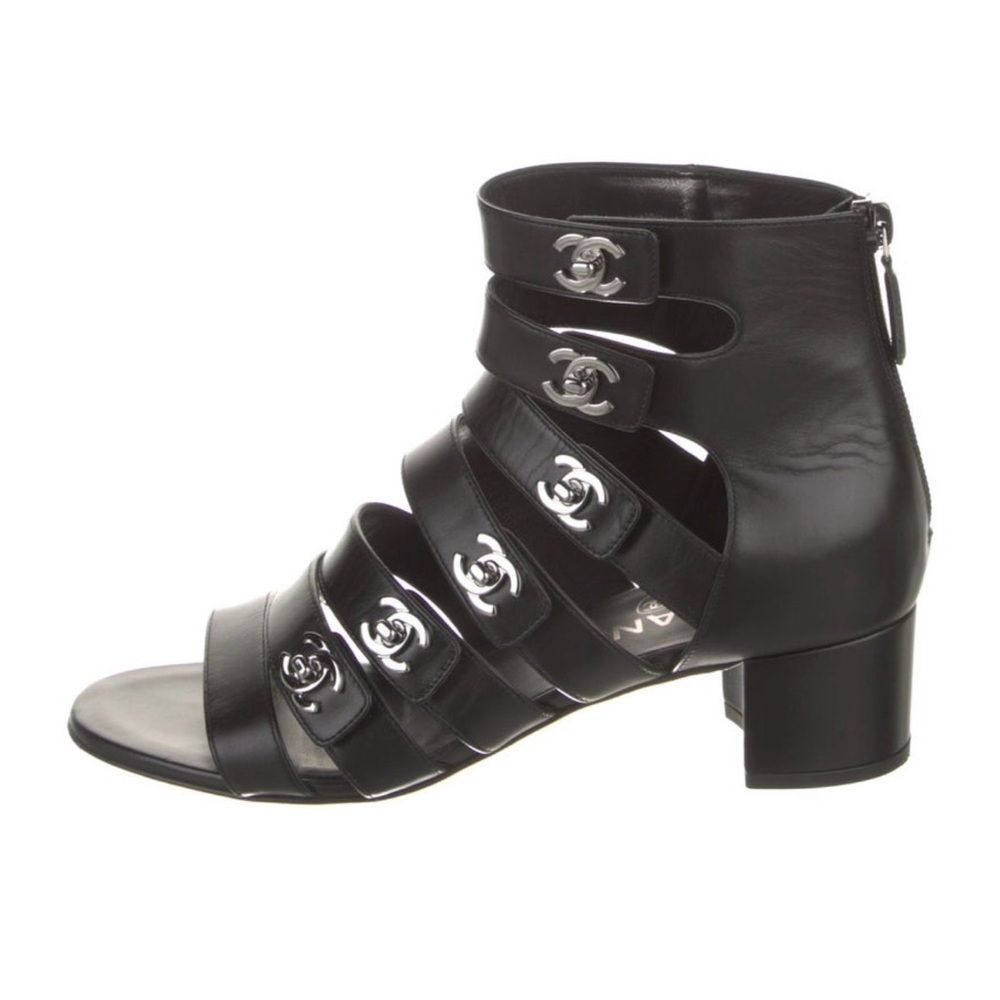 CHANEL Black Gladiator Sandals with Silver Accents